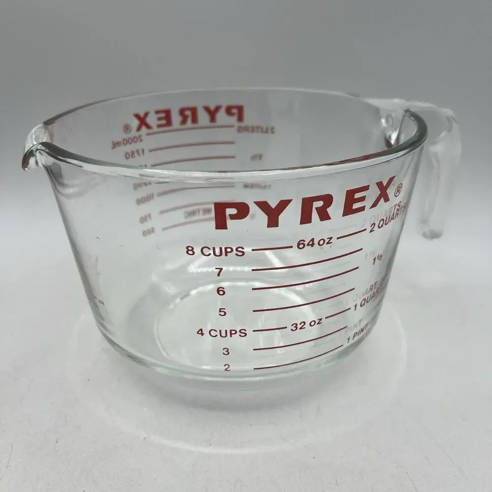 Vtg PYREX 8 Cup Clear Glass Measuring Cup #564 Red Lettering 64 oz USA J Handle